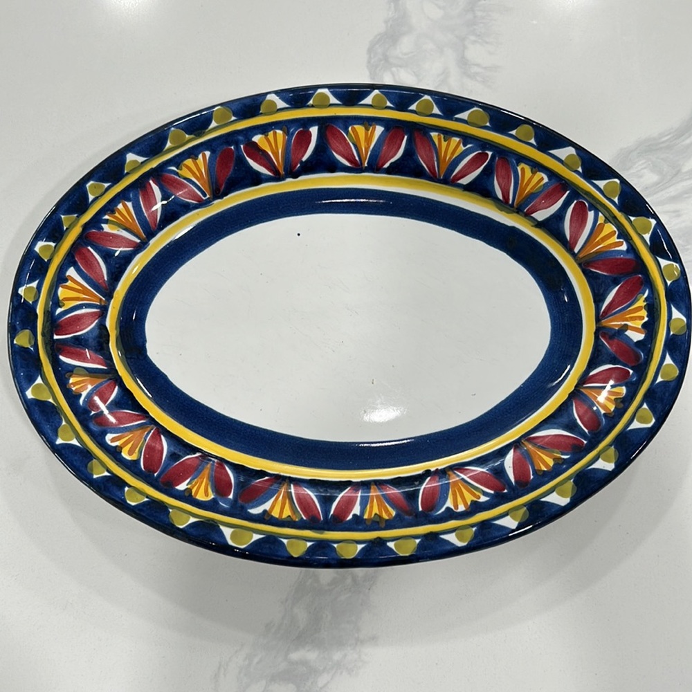 Vietri Art Italian Hand Painted Ceramic Serving Bowl Cobalt Blue Floral Italy
